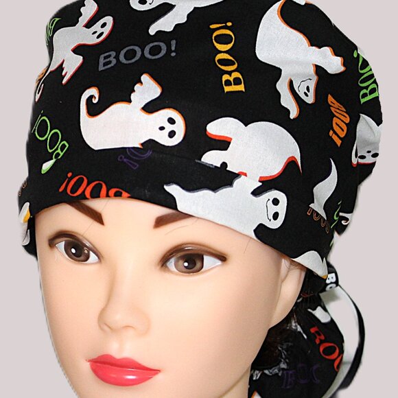 Womens My Halloween Boo, Ghost Ponytail Scrub Cap, Handmade NWOT - Picture 3 of 7
